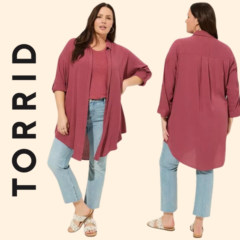 NEW Torrid Gauze Open Front  Kimono Shirt Maroon Notched Collar Tunic Size 1X